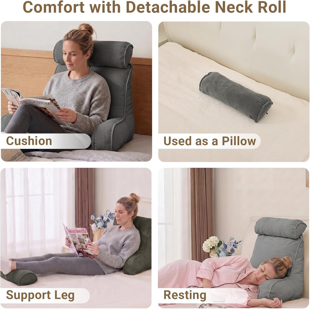 Reading Pillow for Bed with Detachable Neck Roll and Shredded Memory Foam, Back Pillow with Arms for Sitting Up, Washable Bed Rest Pillow…