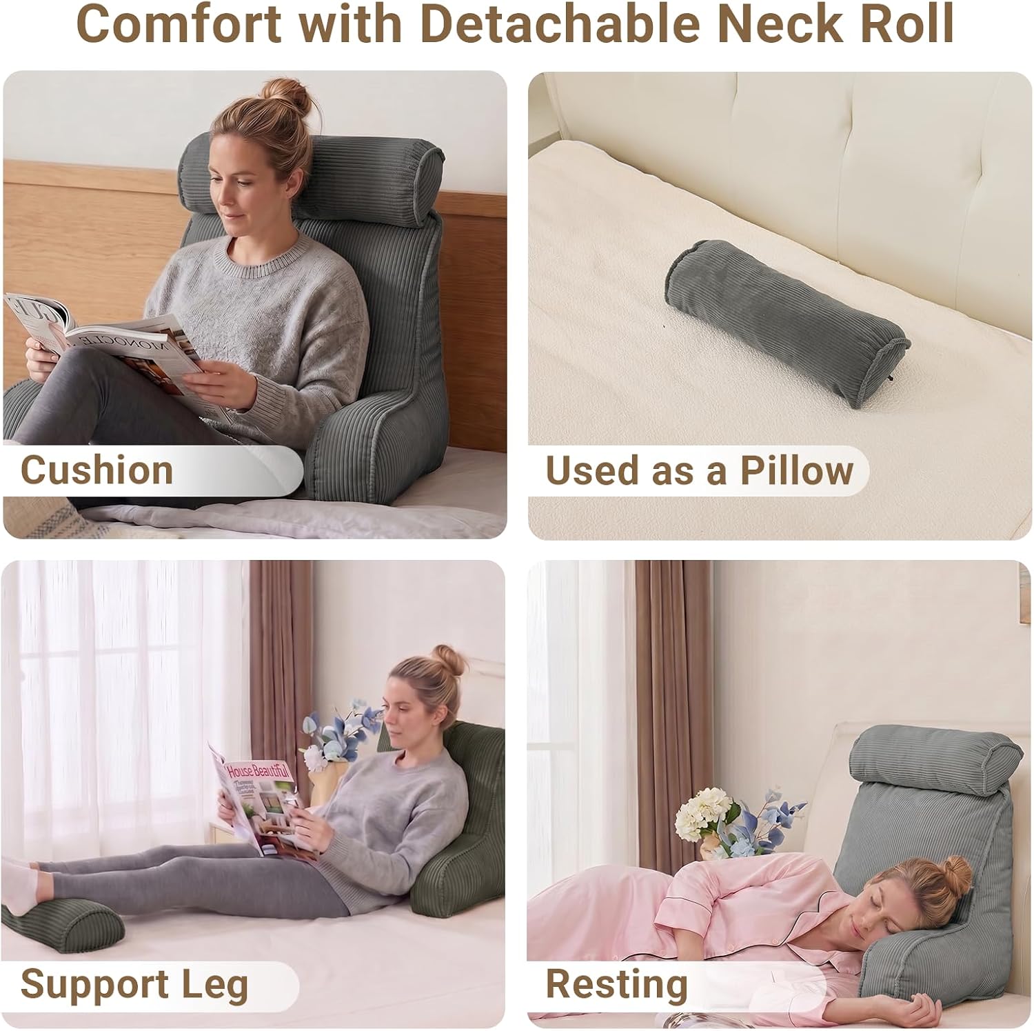 Reading Pillow for Bed with Detachable Neck Roll and Shredded Memory Foam, Back Pillow with Arms for Sitting Up, Washable Bed Rest Pillow…