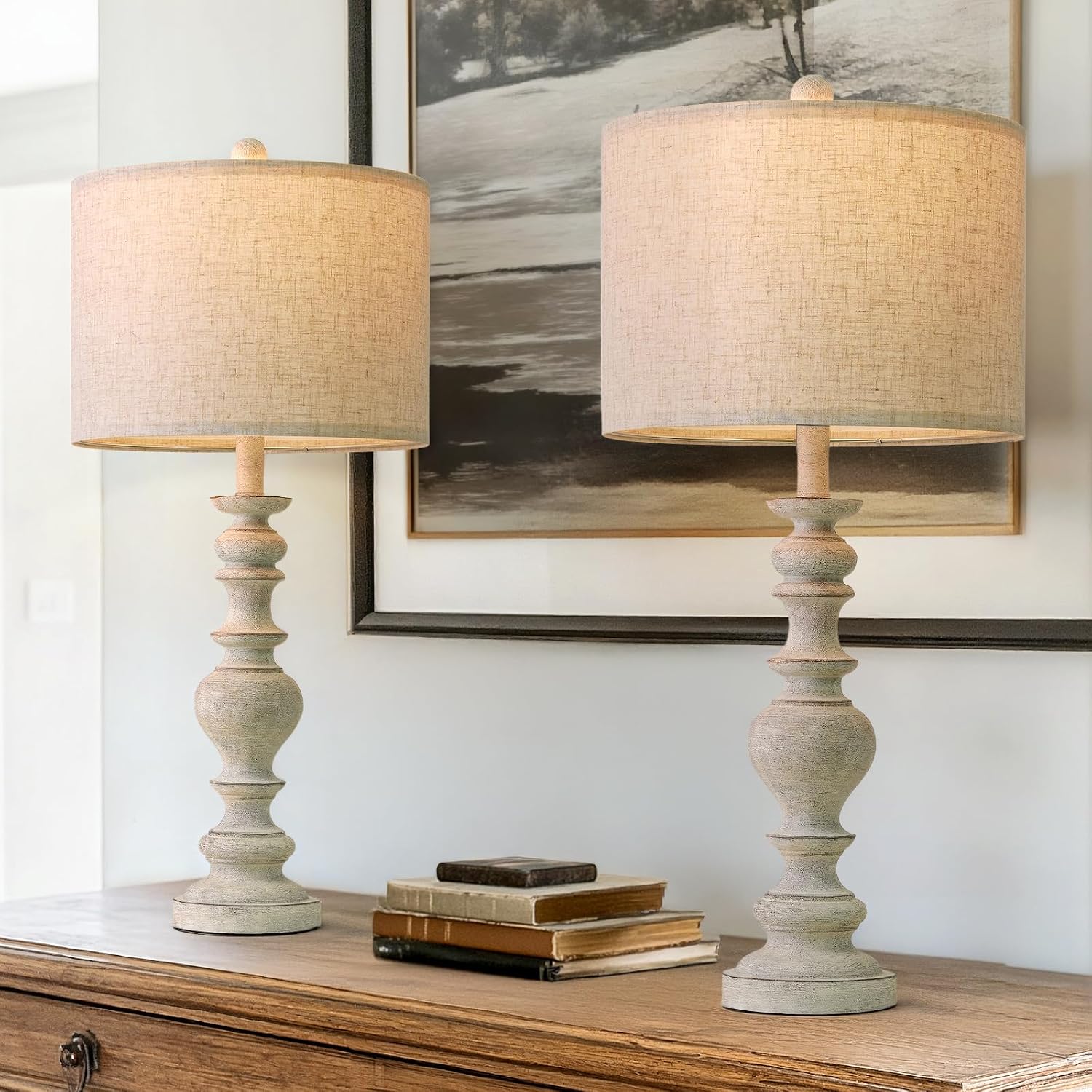BOBOMOMO 27" Antique Gray Table Lamps Set of 2, Large Farmhouse Resin Lamps with Linen Shades, Vintage Gray Lamps for Living Room…