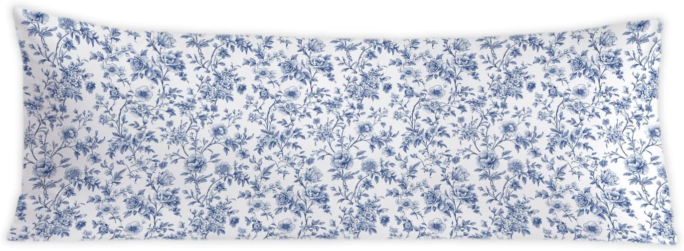Vintage Chinoiserie Blue Floral 20x54 Body Pillow Cover, Blue and White Home Decor, Grandmillennial Flower Decorative Long Body Pillow…