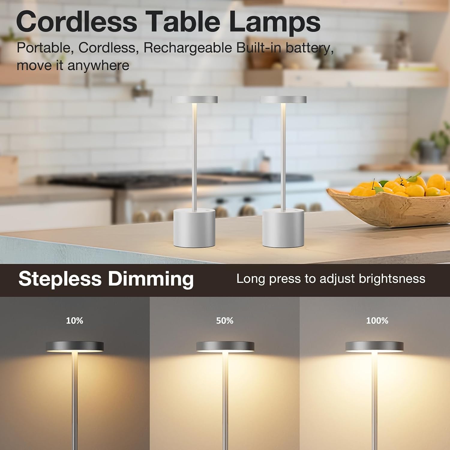 Kakanuo Silver Gray Cordless Lamp Set, Rechargeable Lamp, 3 Color Temperature, LED Outdoor Wireless Lamps, Battery Operated Lamps…