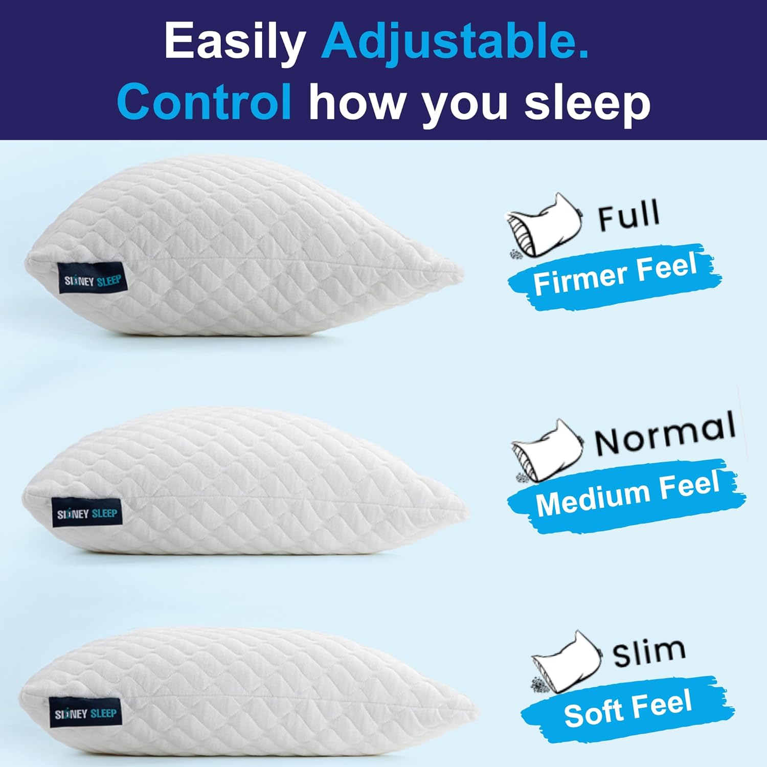 Sidney Sleep Set of 2 Queen Size Bed Pillows for Side and Back Sleepers - Adjustable Filling - Memory Foam Pillows for Neck and Shoulder…