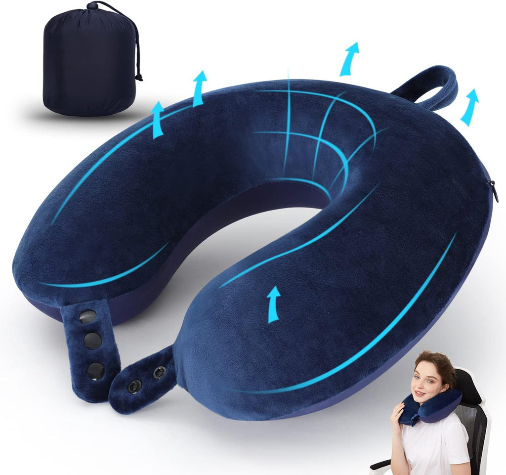 TALLGO Travel Pillow, Best Memory Foam Neck Pillow Head Support Soft Pillow for Sleeping Rest, Airplane Car & Home Use (Dark blue1)