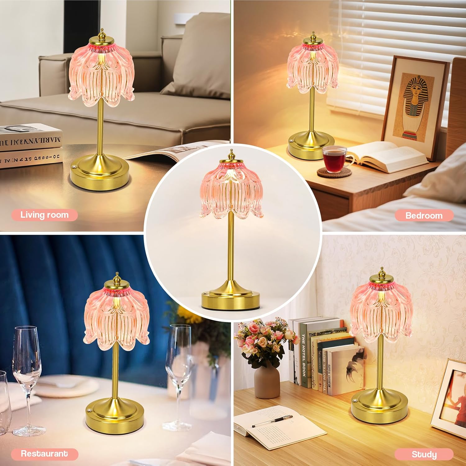 Cordless Lotus Flower Table Lamp, 5200mAh Rechargeable Battery Operated Portable Lamp, 3-Color Dimmable Touch Control Small Desk Lamp for…