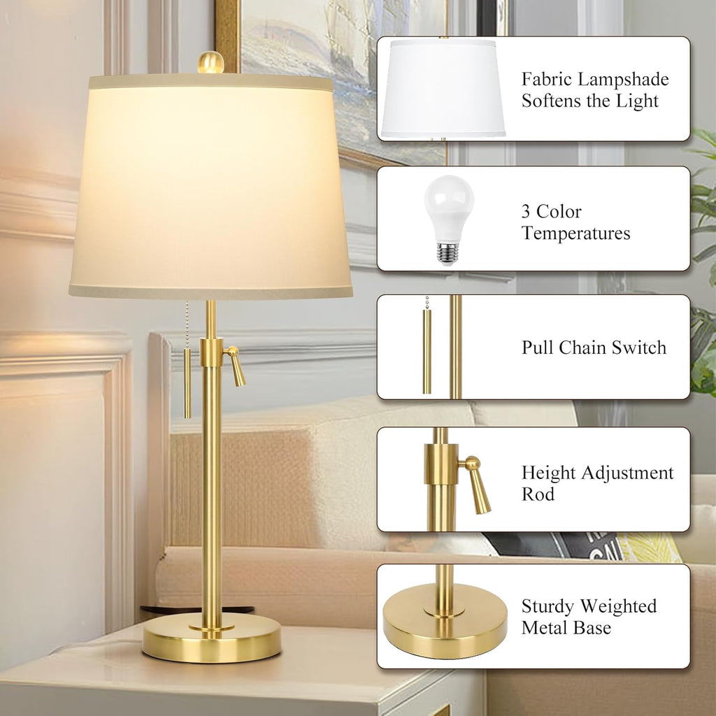 JUNNAI 2 Pack 22"-30" Adjustable Height Table Lamps Set, Modern Gold Table Lamps with White Shade 3 Colour Temperature Pull Chain Tall…