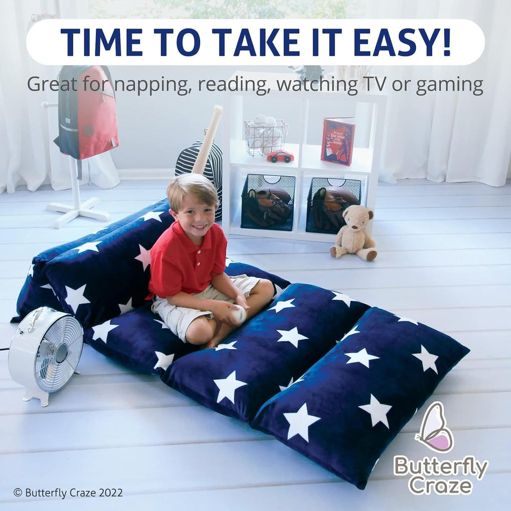 Butterfly Craze Floor Lounger Cover - Floor Bed Conversion - Creates Custom Sleeping Pad - Portable Mattress Alternative - Star Navy…