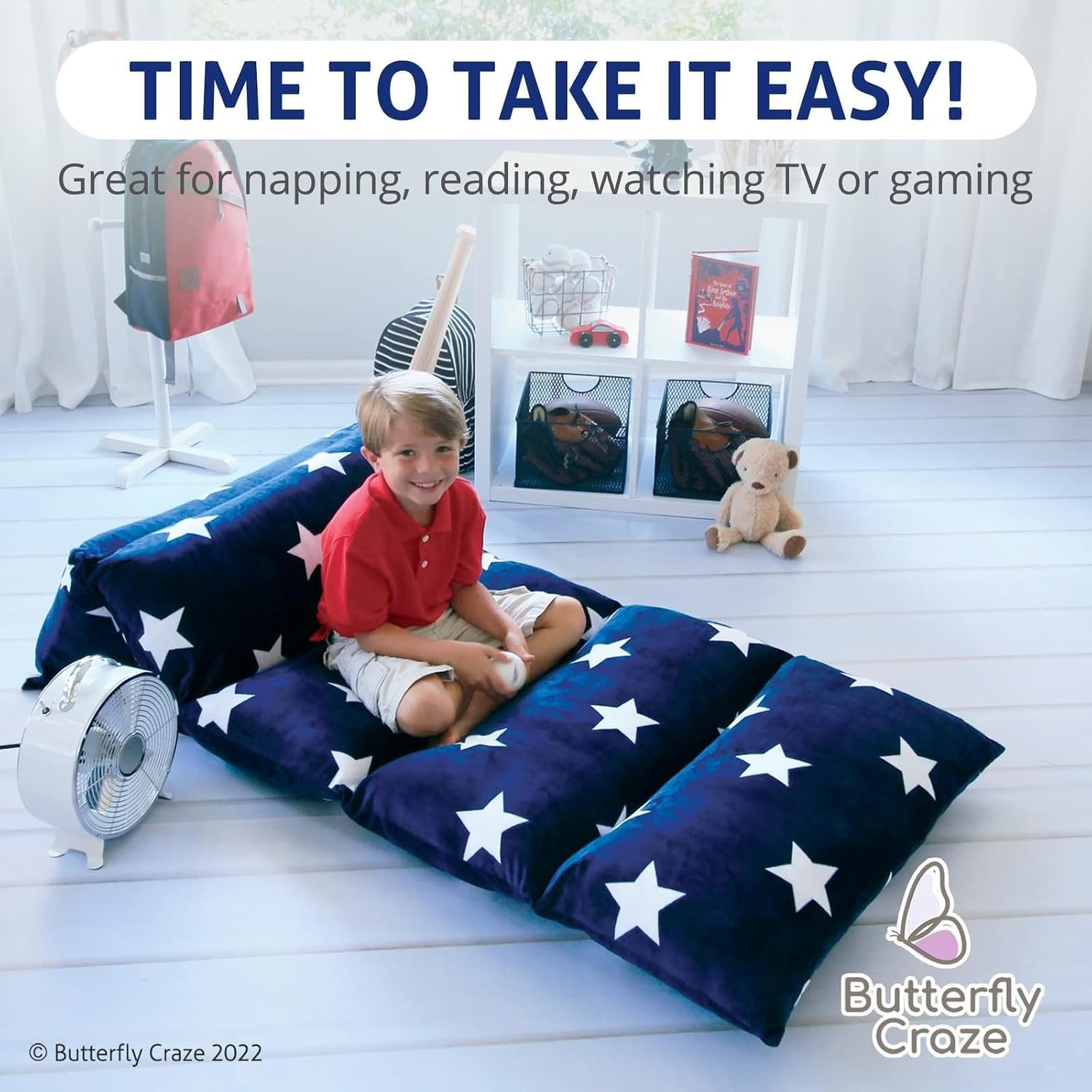 Butterfly Craze Floor Lounger Cover - Floor Bed Conversion - Creates Custom Sleeping Pad - Portable Mattress Alternative - Star Navy…