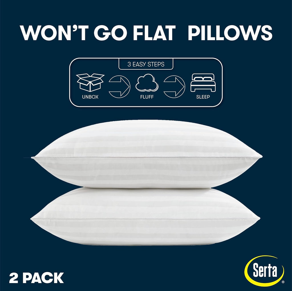 Serta Won't Go Flat Down Alternative Bed Pillows, Extra Life Foam Core with Medium Support, Perfect for Back, Stomach or Side Sleepers (2 P…