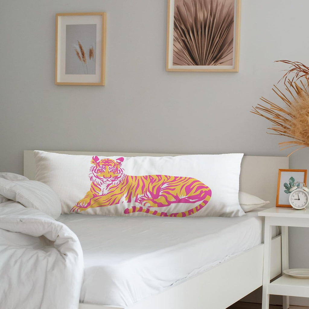 Trendy Pink and Orange Tiger Body Pillow Covers 20x54, Coquette Room Decor, Funky Preppy Tiger Long Body Pillow Case Cover with Hidden…