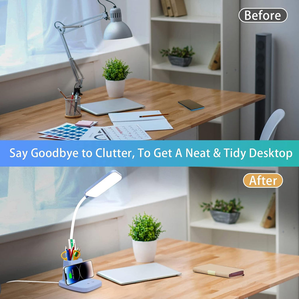 Small Desk Lamp, Blue Desk Lamp with Pen Holder, Wireless Charger LED Desk Lamps for Home Office, 800LM Flexible Arm 3 Modes Dimmable…