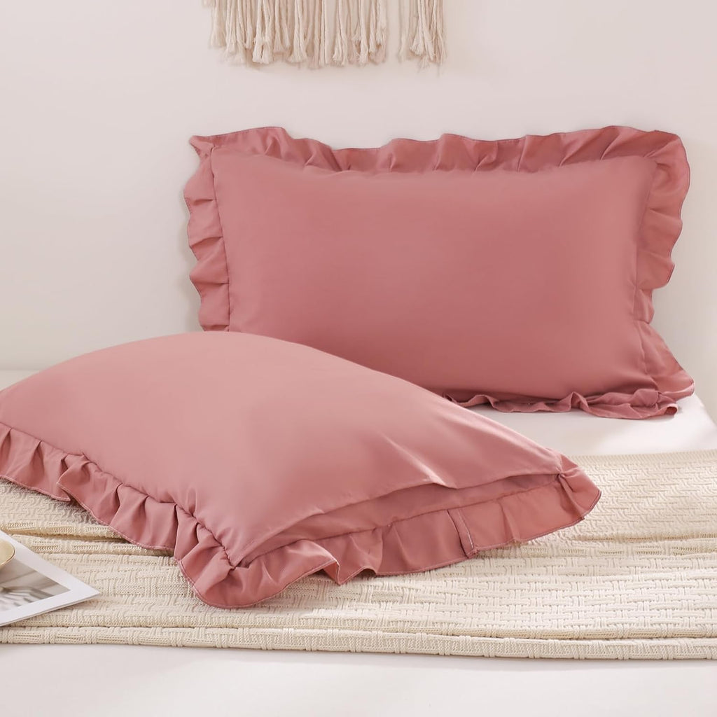Merryword Pink Mocha Pillowcases King Pillowcases Ruffled Pillow Shams Set of 2 Cute Pillowcases Solid Ruffled Fringe Design Pink Shabby Ch…