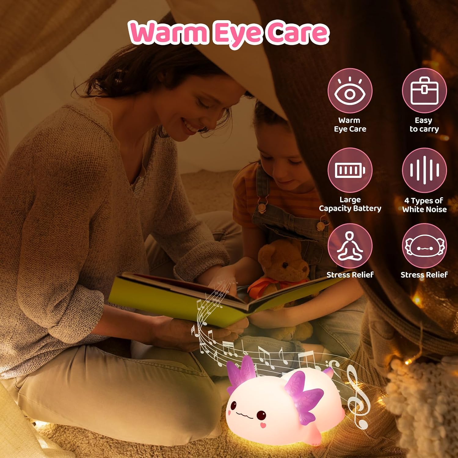 Mewaii Huggwaii Squishy Axolotl Night Light for Kids, 4 Soothing White Noise Sounds, Dimmable Silicone Axolotl Lamp Toddler Light…