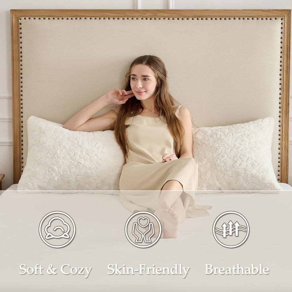 HKMR Fluffy Faux Rabbit Fur Body Pillow, Memory Foam Pregnancy Pillow for Side Sleep Body Pillow,20x54 Long Pillow for Adults-Beige 2…