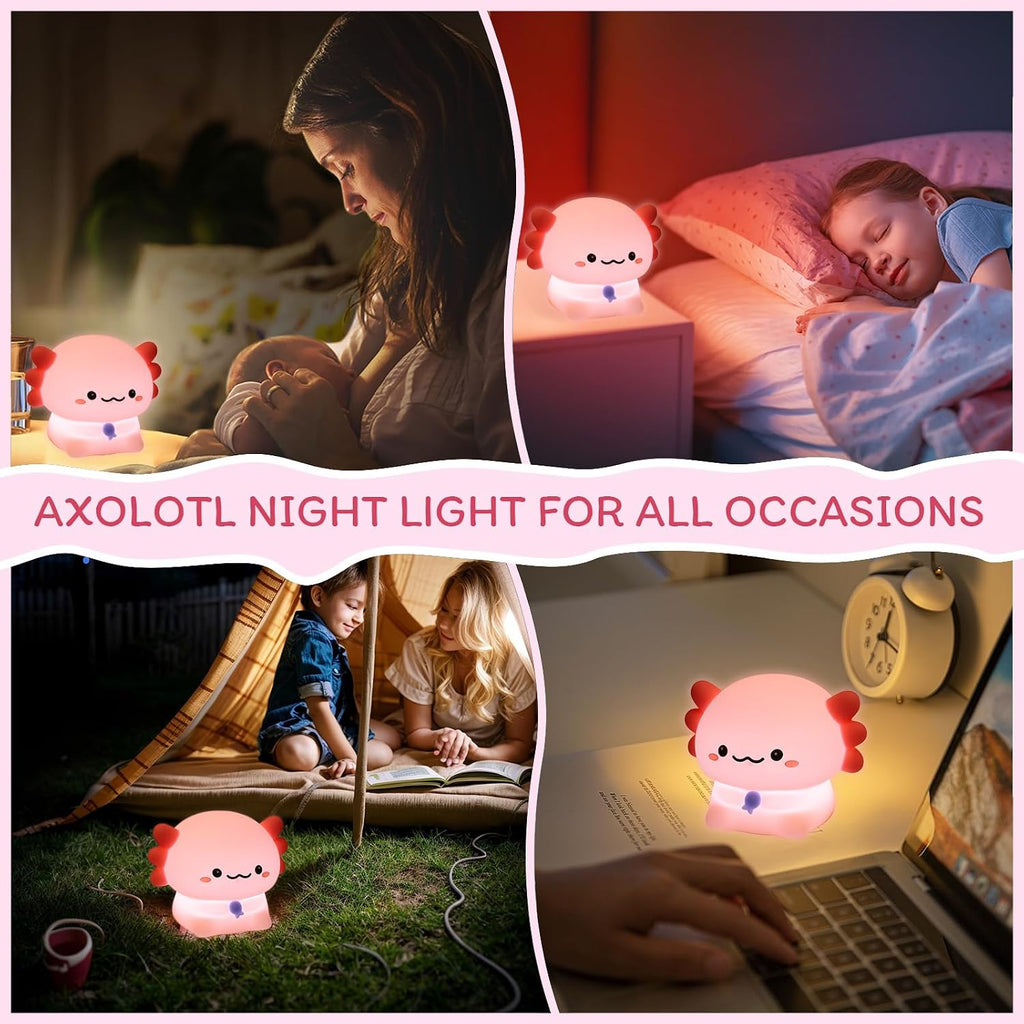 WelcometoMAGOHMT Axolotl Night Light for Kids - 3-Level Dimmer & Auto-Off Timer, Child-Safe Silicone Lamp, USB-C Rechargeable Nursery Light…