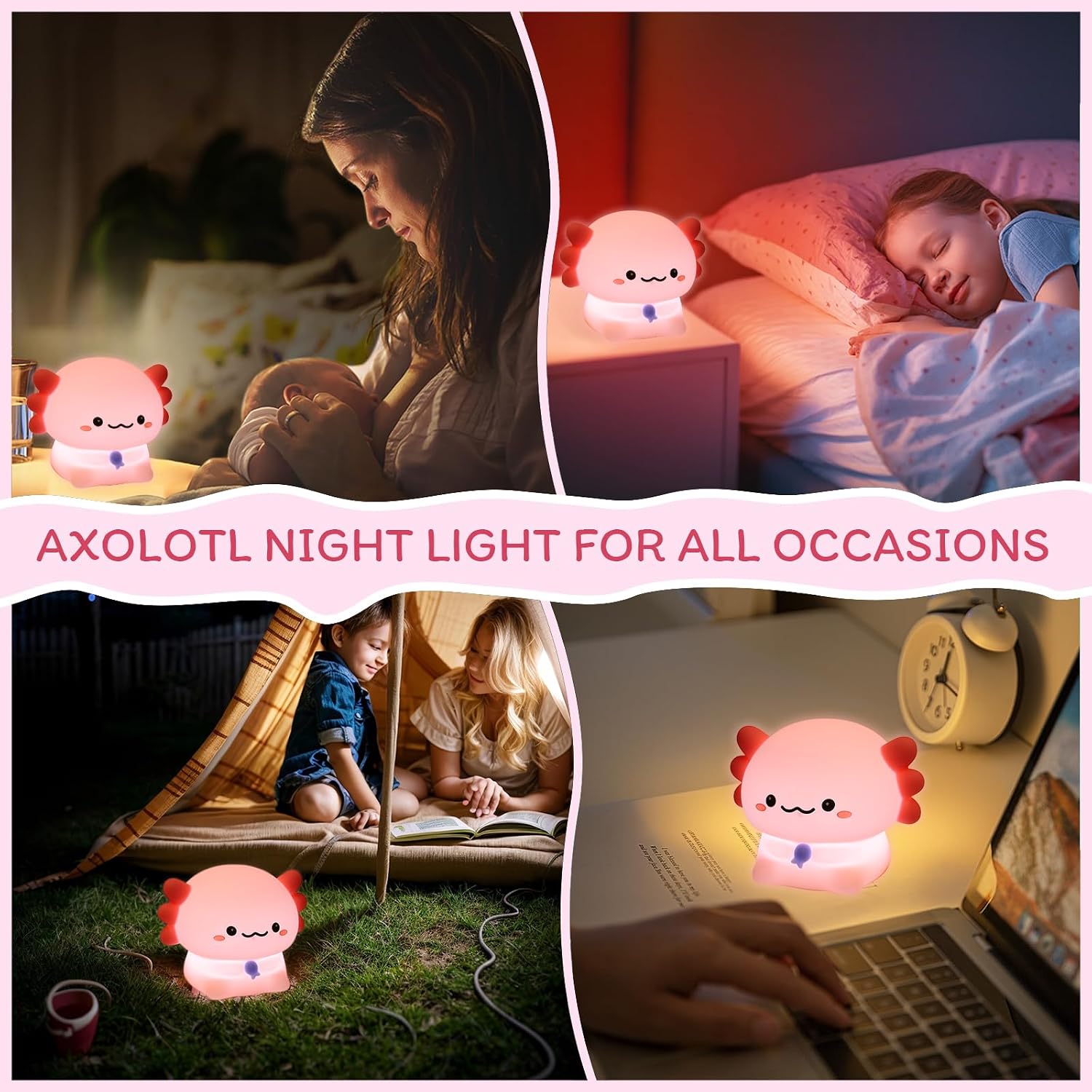 WelcometoMAGOHMT Axolotl Night Light for Kids - 3-Level Dimmer & Auto-Off Timer, Child-Safe Silicone Lamp, USB-C Rechargeable Nursery Light…