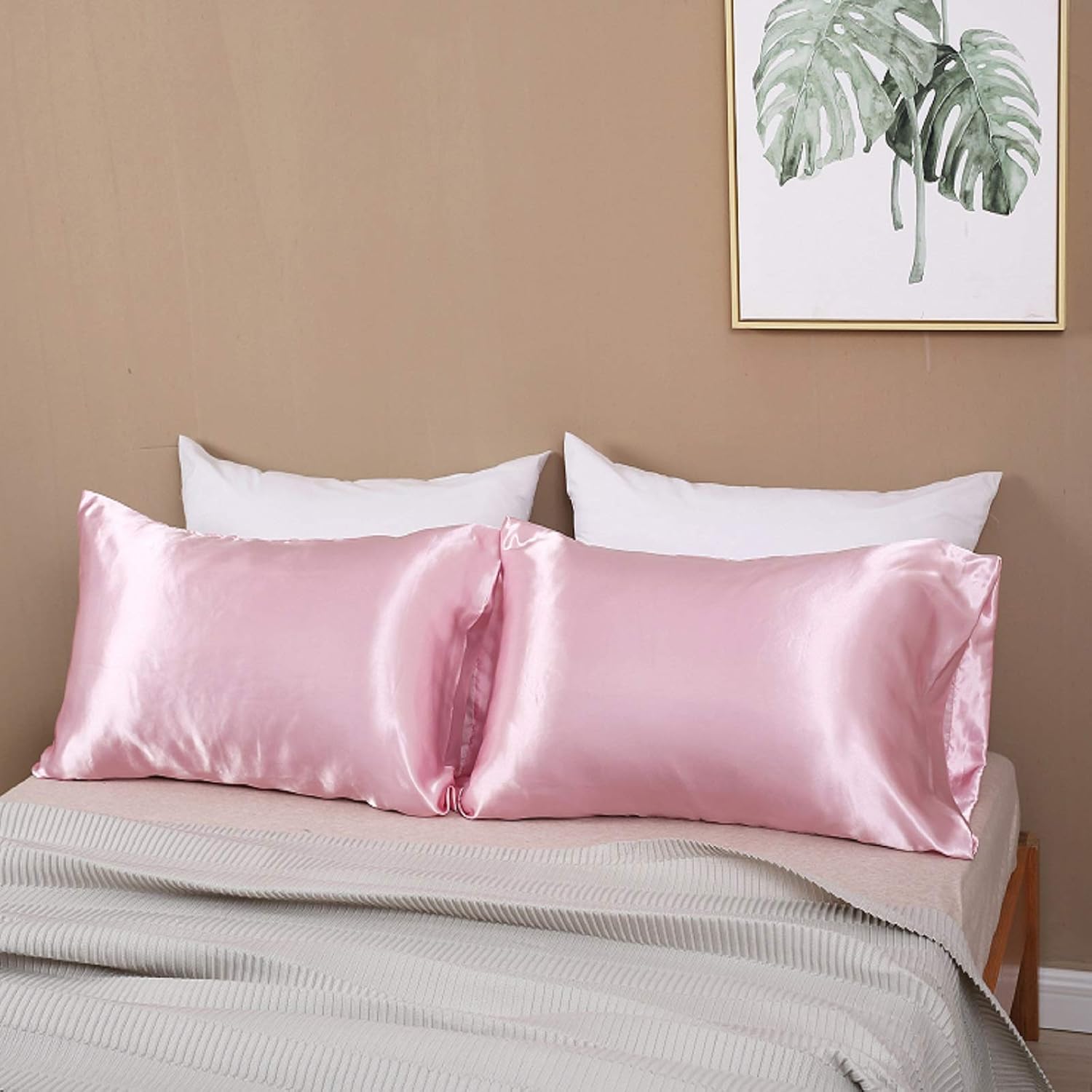 Lcbd Standard Size Satin Pillowcase for Hair and Skin, Pink Silk Satin Pillowcases Set of 2, Satin Cooling Pillow Covers with Envelope Clos…