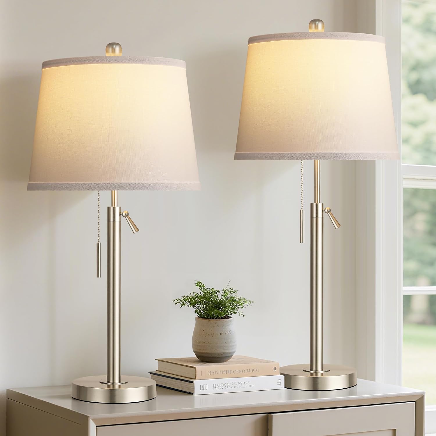 Bedside Table Lamps Set of 2, Tall Silver Table Lamps for Living Room, Height Adjustable Nightstand Lamps for Bedroom, Modern Lamps with…