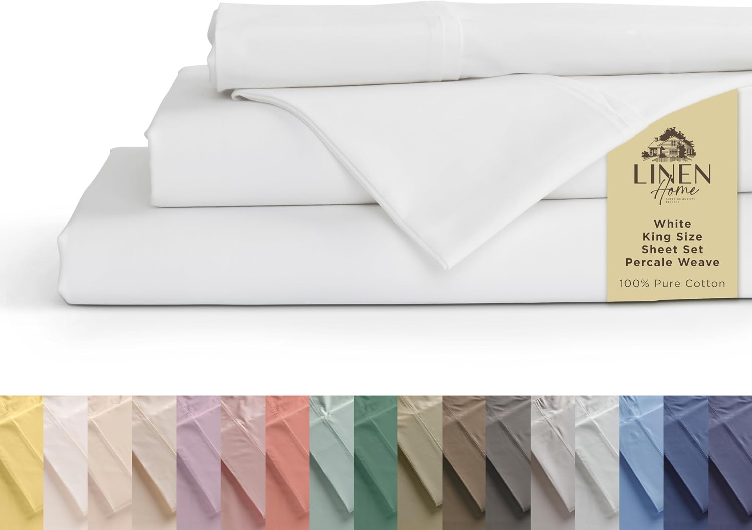 Linen Home 100% Cotton Percale Sheets King Size, White, Deep Pocket, 4 Pieces Set - 1 Flat, 1 Deep Pocket Fitted Sheet and 2 Pillowcases…