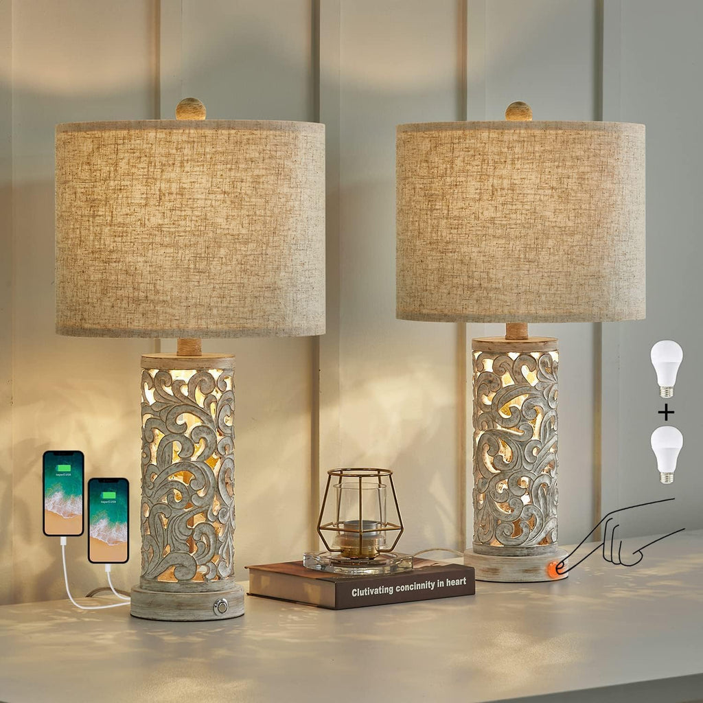 Oyears Bedside Table Lamps Set of 2 with USB & Night Light, 22'' Dimmable Touch Lamps for Nightstand, Farmhouse Lamps for Bedroom Living Ro…