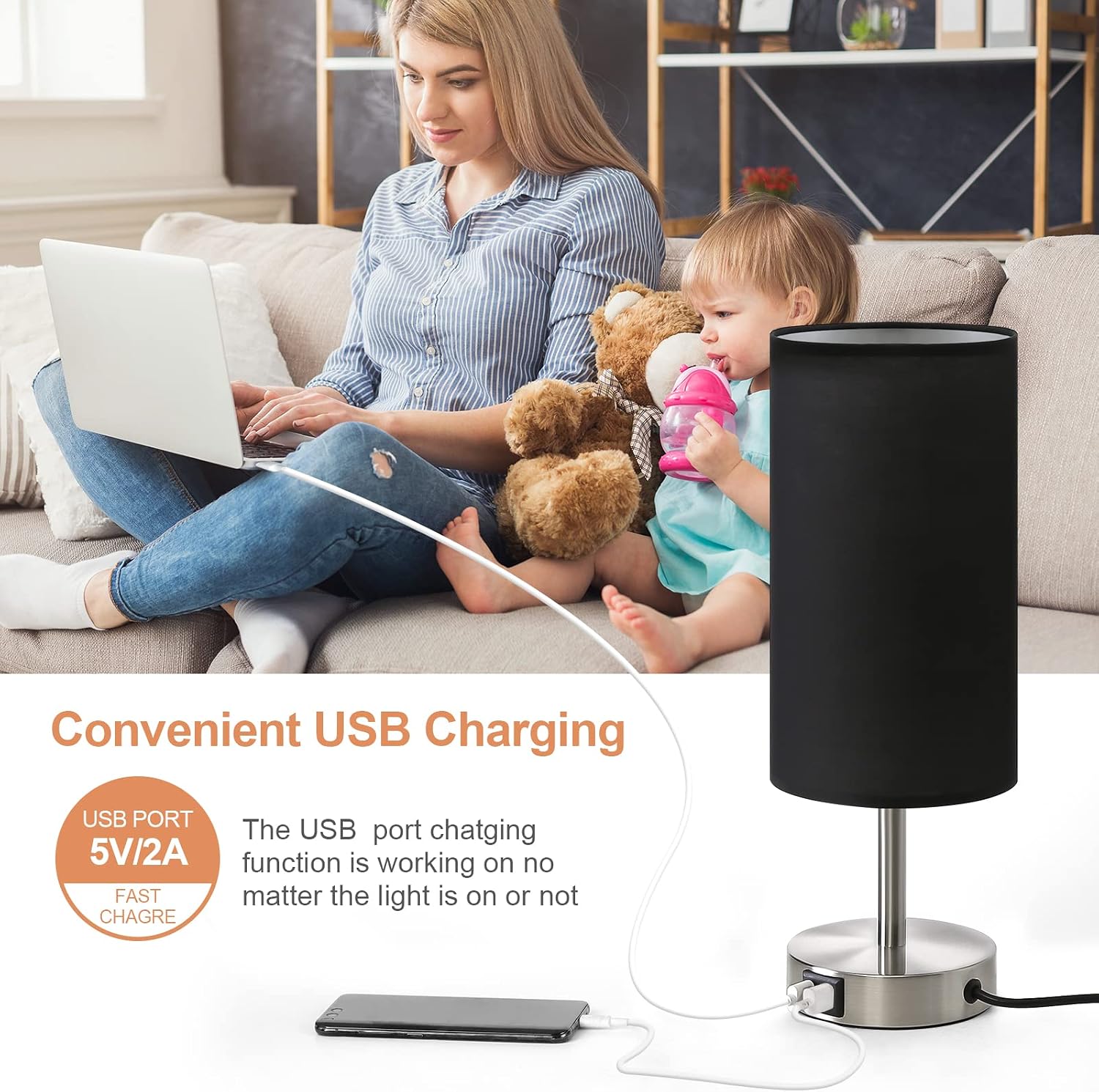 Bedside Lamp with USB Port - Touch Control Table Lamp for Bedroom Wood 3 Way Dimmable Nightstand Lamp with Round Black Shade for Living…