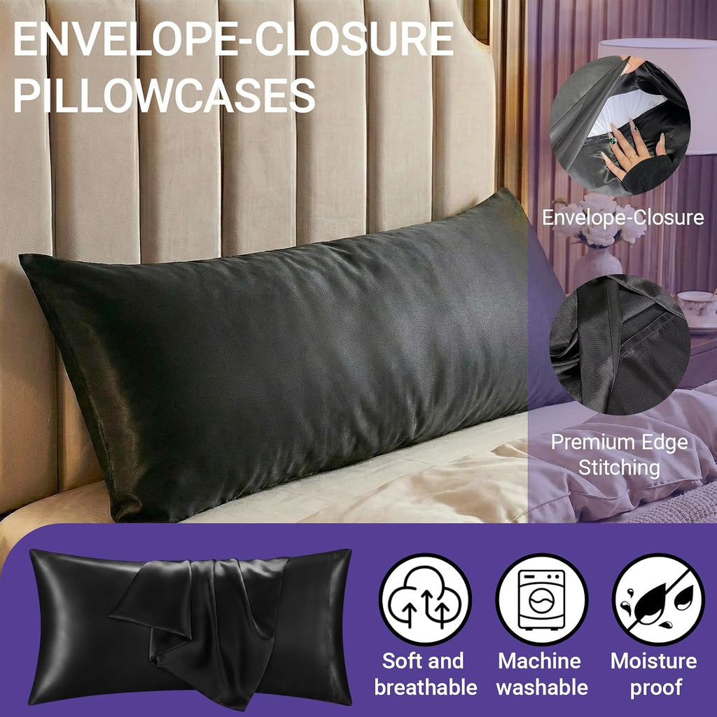 QJFabricCO Q&J Fabric Co. 1 Pack Satin Pillowcase Silk Like Pillowcase 20x54 inch Black Cooling Pillowcase with Envelope Closure for Hair a…