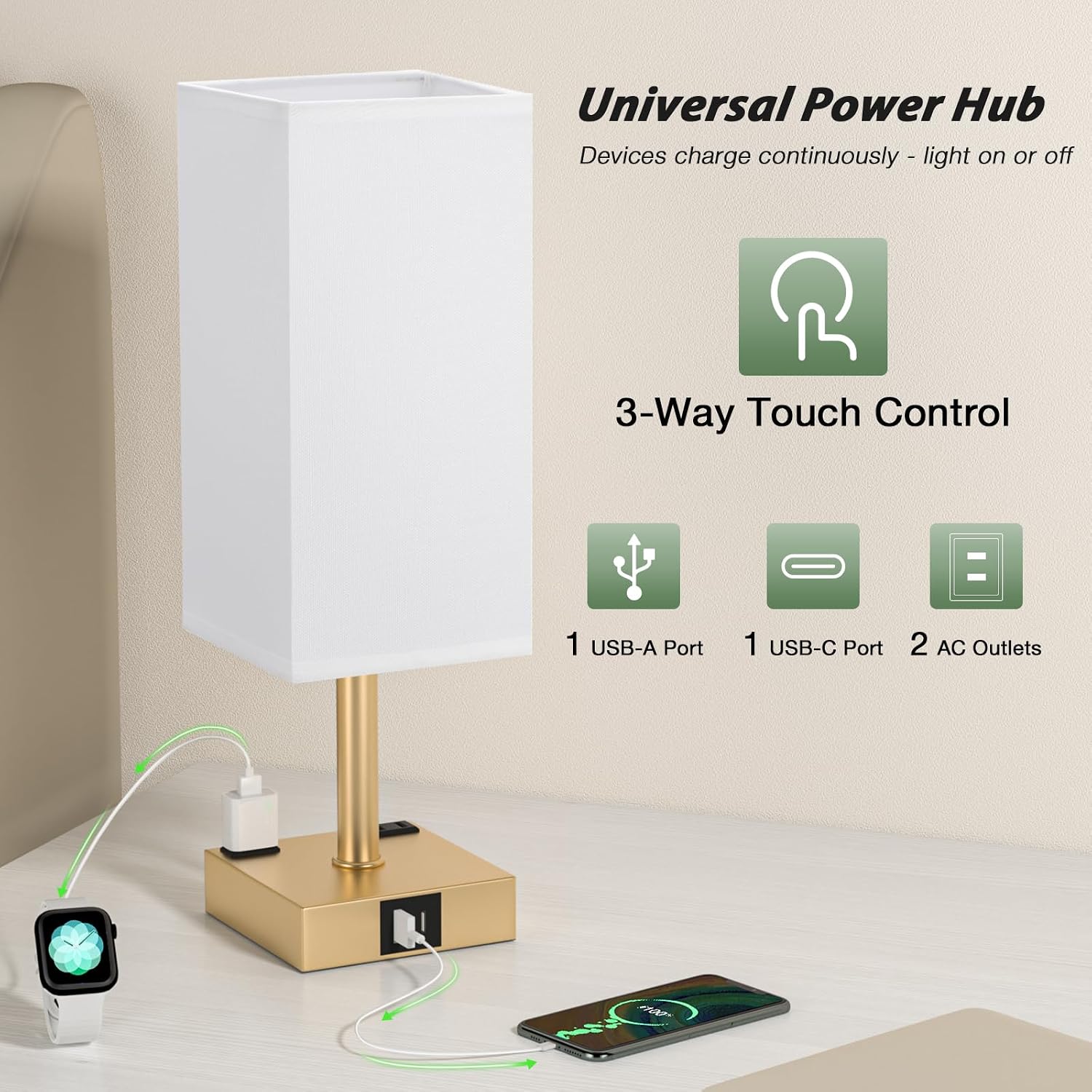 aooshine Gold Base Touch Lamps Set of 2 - Nightstand Lamp with USB-C + A Charge Ports & AC Outlets, 3-Way Dimmable Bedside Lamp, Small…