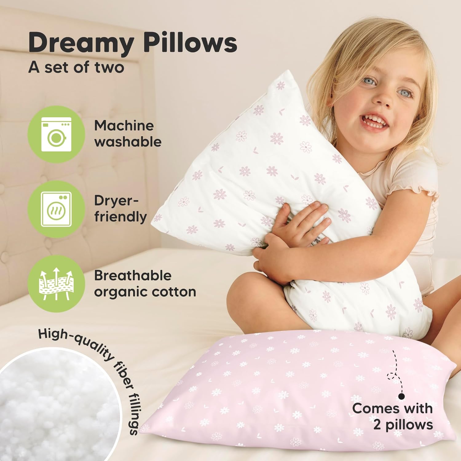 KeaBabies 2-Pack Toddler Pillows 2 Year Old to 5-13x18 Soft Organic Cotton Kids Pillow for Sleeping, Travel, School, Daycare, Nap…