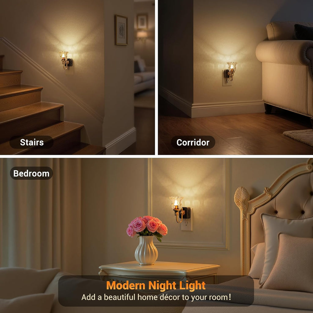 JandCase Night Light, 2 Pack Floral Night Lights Plug into Wall, Glass Flower LED Nightlight, 0-100 LM Dimmable Nightlights with Light…
