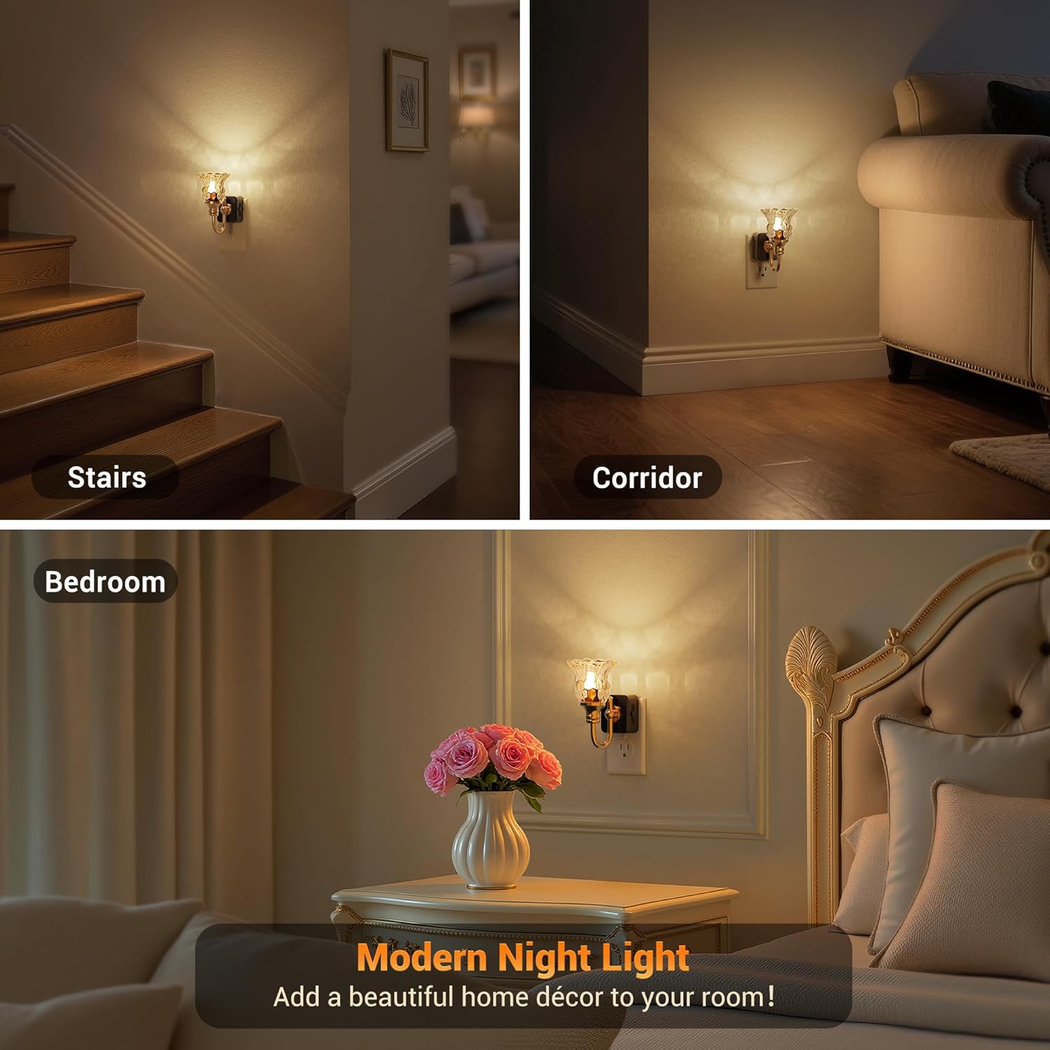 JandCase Night Light, 2 Pack Floral Night Lights Plug into Wall, Glass Flower LED Nightlight, 0-100 LM Dimmable Nightlights with Light…