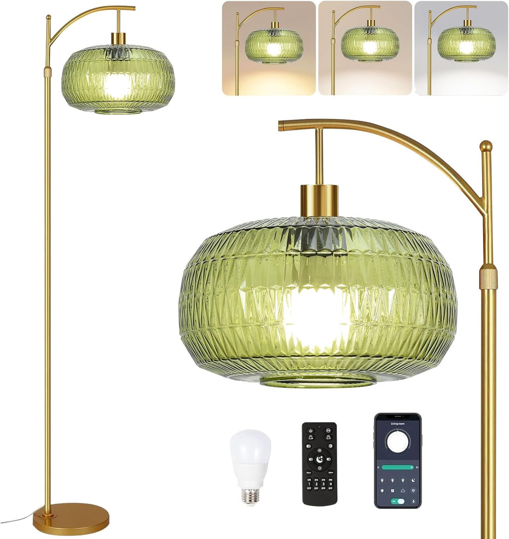 QIYIZM Glass Floor Lamp for Living Room, Bedroom, Gold Dimmable Standing Lamp with Remote, Green Mid Century Modern Brass Vintage Tall Lamp…