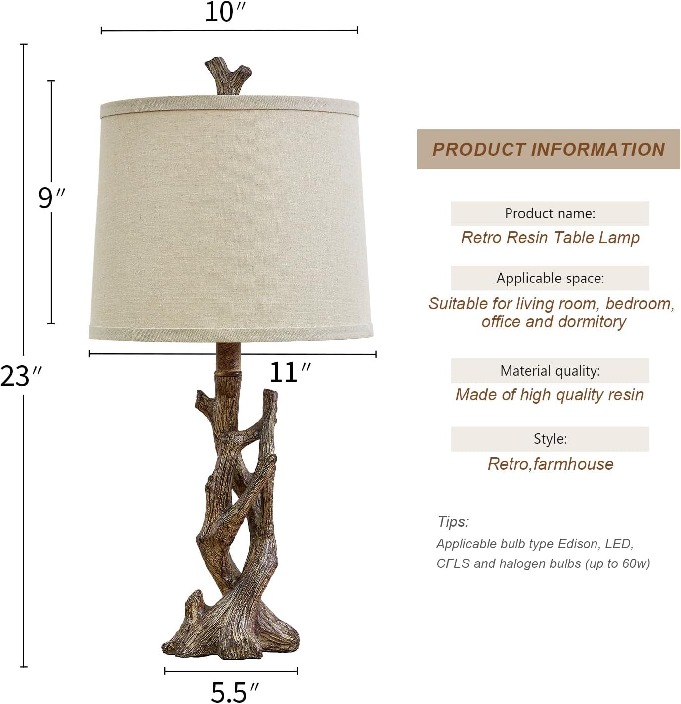 OYEARS 23" Rustic Farmhouse Table Lamp Country Cottage Lamps for Nightstand Tree Trunk Wood Grain Lamp for Bedroom Living Room with…