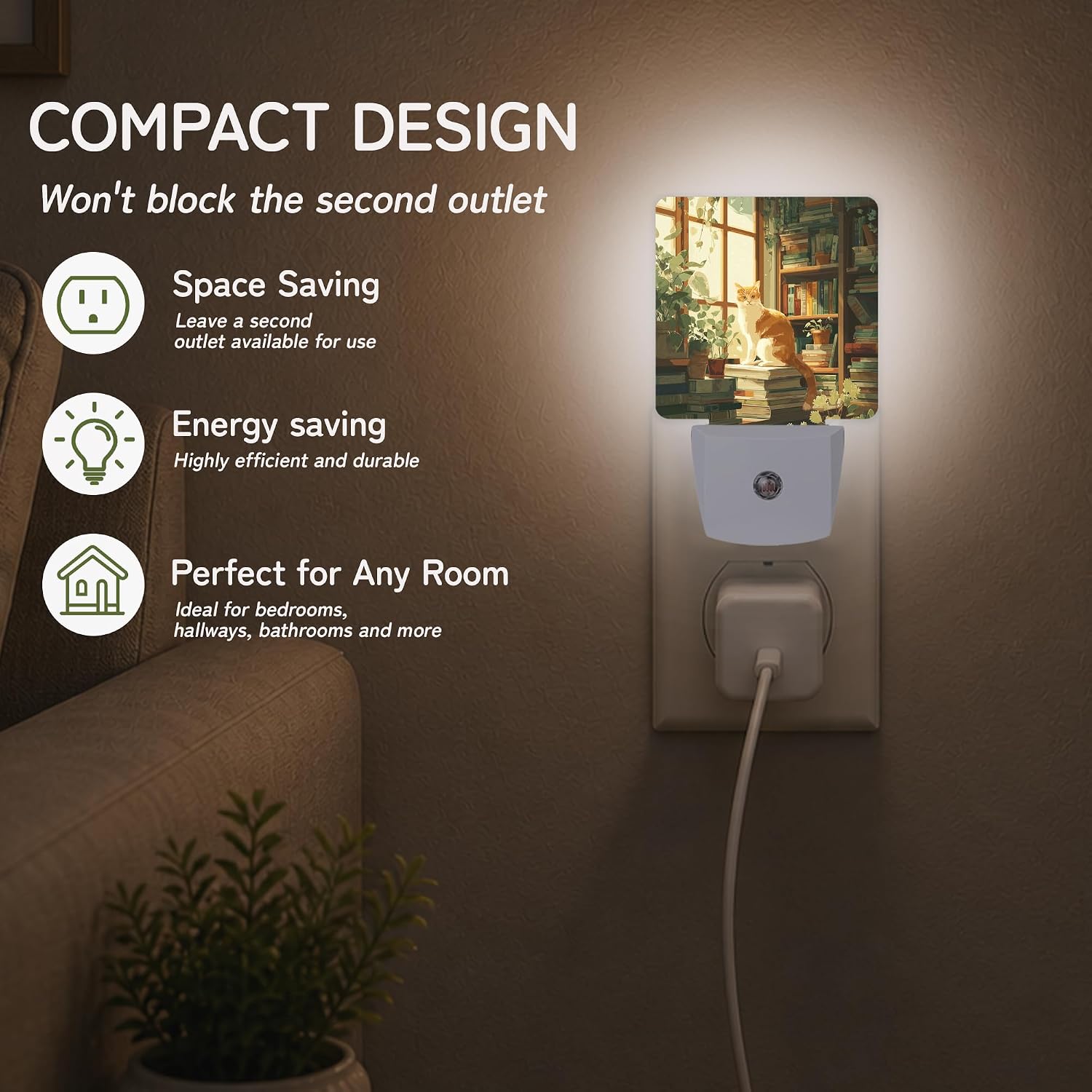 Cozy Library Cat Night Lights Plug into Wall, Night Light for Bedroom Bathroom Hallway Kitchen, Auto Dusk to Dawn Sensor Decorative Gift…