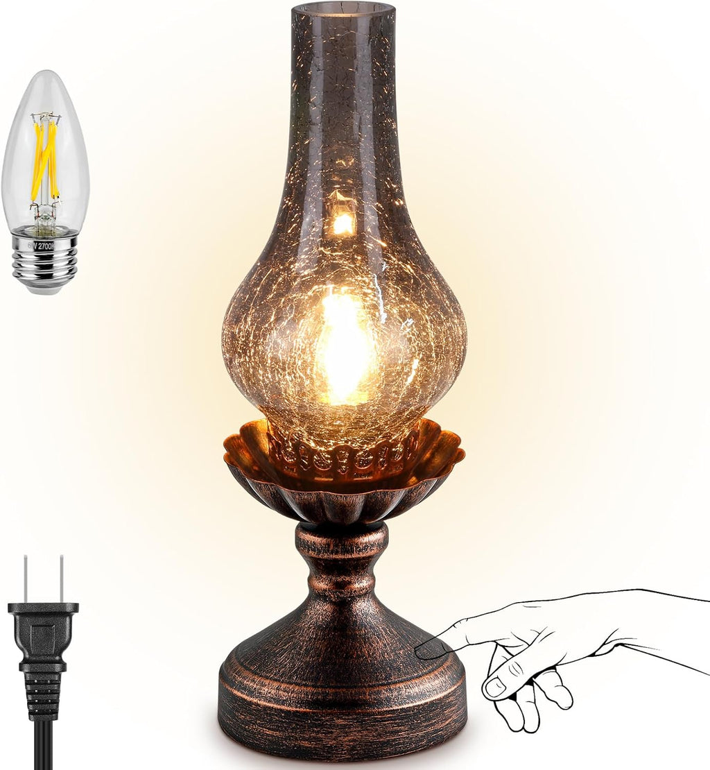 Vintage Table Lamp with Smoke Grey Crackle Glass Shade, Touch Control & 3-Way Dimmable Rustic Retro Farmhouse Bedside Lamp for Bedroom…