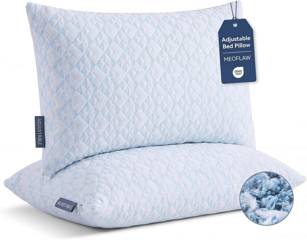 Meoflaw Adjustable Memory Foam Bed Pillows:Queen Size Shredded Foam Pillow Set of 2 for Sleeping with Removable & Washable Pillowcase for B…