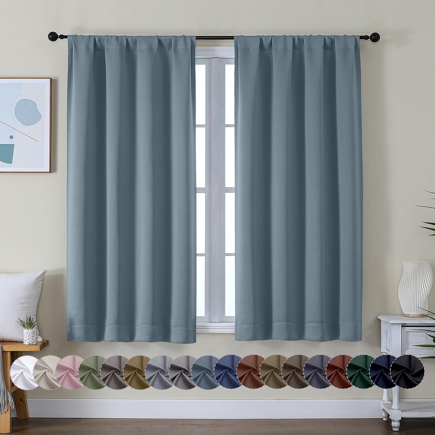 Simplebrand Ava Stone Blue Short Blackout Curtains for Bedroom 54 Inches Long 2 Panels Set, Solid Thermal Insulated, Energy Saving Window T…