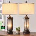 Set of 2 Farmhouse Lamps for Living Room, Rustic Vintage Bedroom Nightstand Table Lamp with 2 USB Charging Ports, Built-In Frosted Glass…