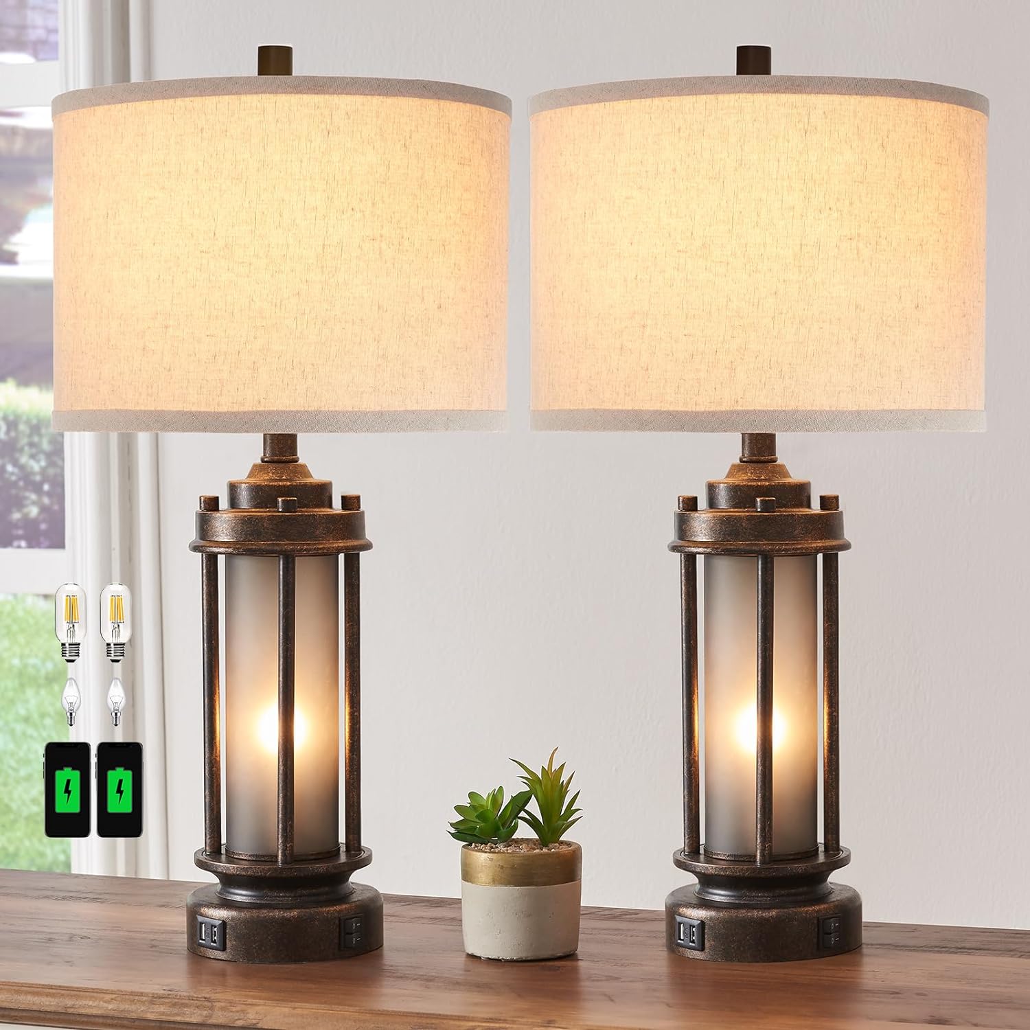Set of 2 Farmhouse Lamps for Living Room, Rustic Vintage Bedroom Nightstand Table Lamp with 2 USB Charging Ports, Built-In Frosted Glass…