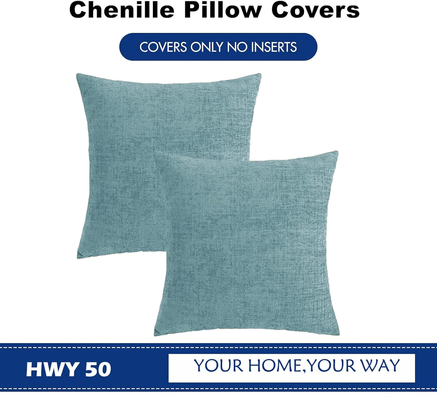 Hwy50 HWY 50 Smoky Blue Couch Pillow Covers 16x16 Inch Pack of 2, Soft Chenille Decorative Throw Pillow Cases Farmhouse for Sofa Living Roo…