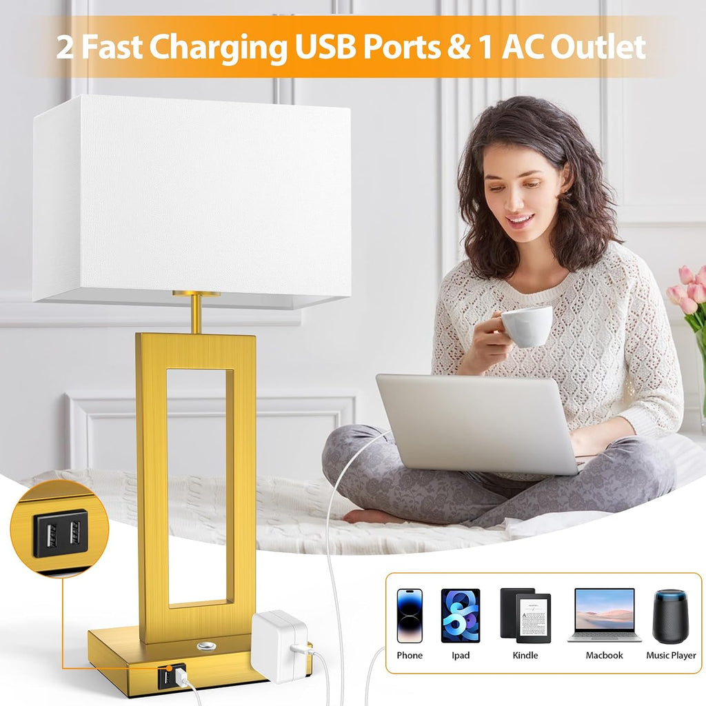 22’’ Touch Control Table Lamps Set of 2, 3 Color Temperatures Bedroom Bedside Lamps, Modern Gold Dimmable Lamps with USB Ports & AC…