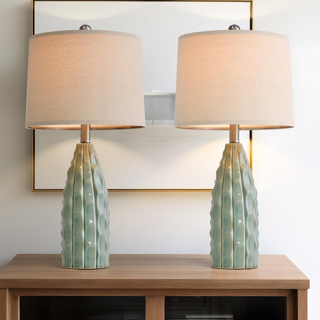 USumkky Ceramic Table Lamps Set of 2, 23.75" Modern Farmhouse Bedside Lamp - Green Nightstand Lamps for Bedroom, Boho Living Room End…