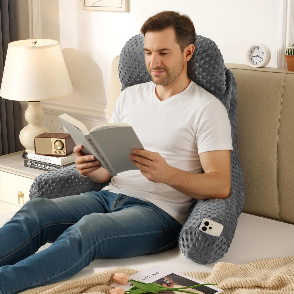 Reading Pillow for Sitting in Bed Couch Adult, Back Pillow for Bed Sitting Up, Back-Rest Support Cushion with Pockets and Arms, Watching…