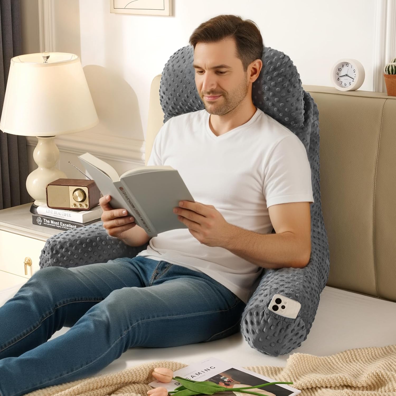 Reading Pillow for Sitting in Bed Couch Adult, Back Pillow for Bed Sitting Up, Back-Rest Support Cushion with Pockets and Arms, Watching…