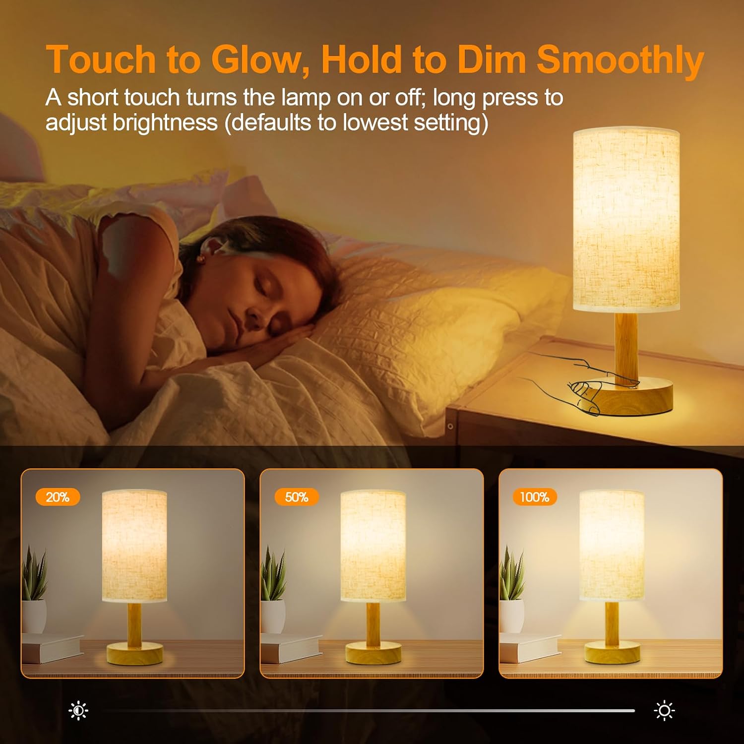 Rechargeable Cordless Table Lamp, Touch Control&Stepless Dimming, Wireless Bedside Ambient Night Light with Wood Base&Linen Shade, Portable…