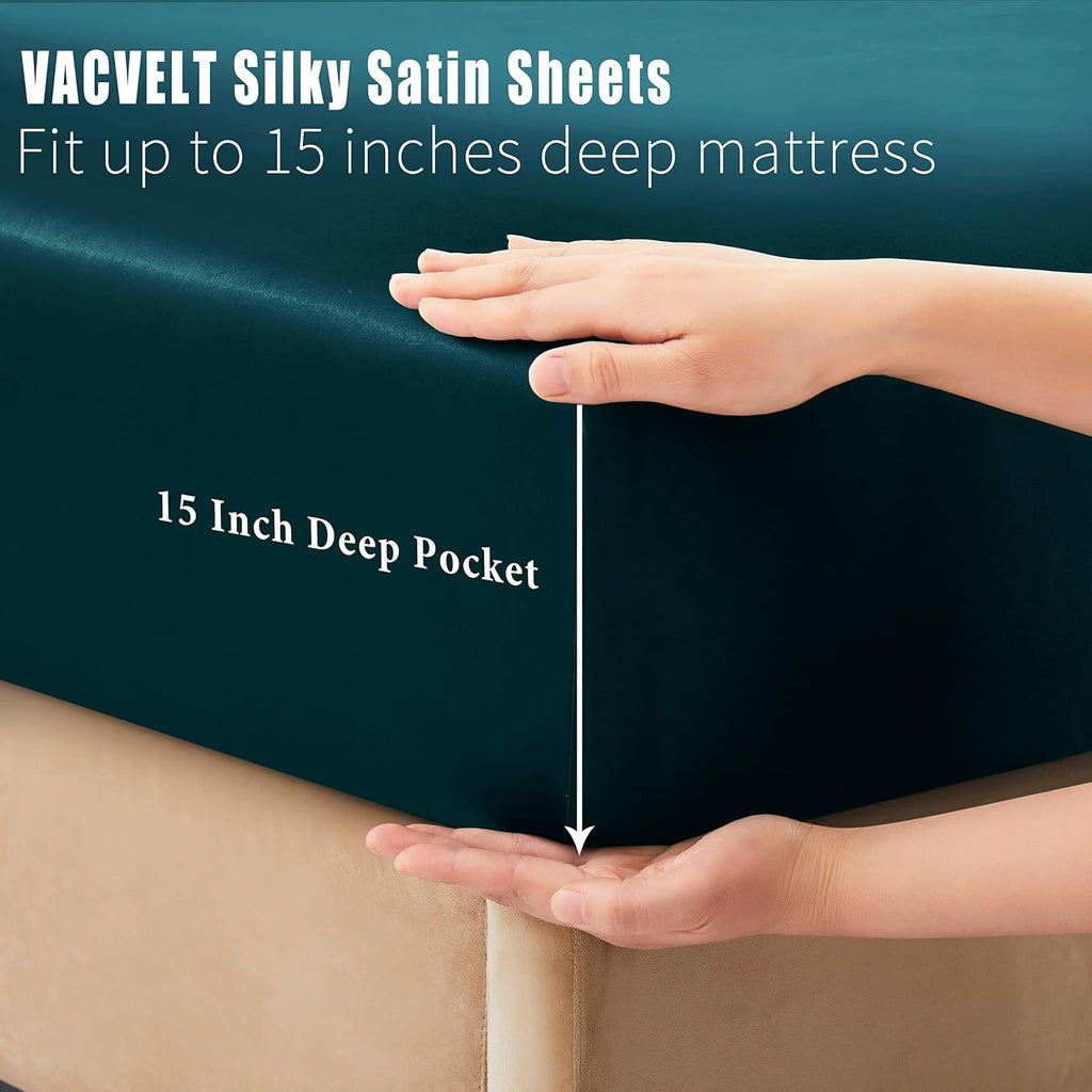 VACVELT 4pcs Dark Teal Satin Sheets Full Size Bed Set, 15 Inch Deep Pocket Silky Satin Sheet Set, Soft Satin Bedding Set Cooling & Luxury…
