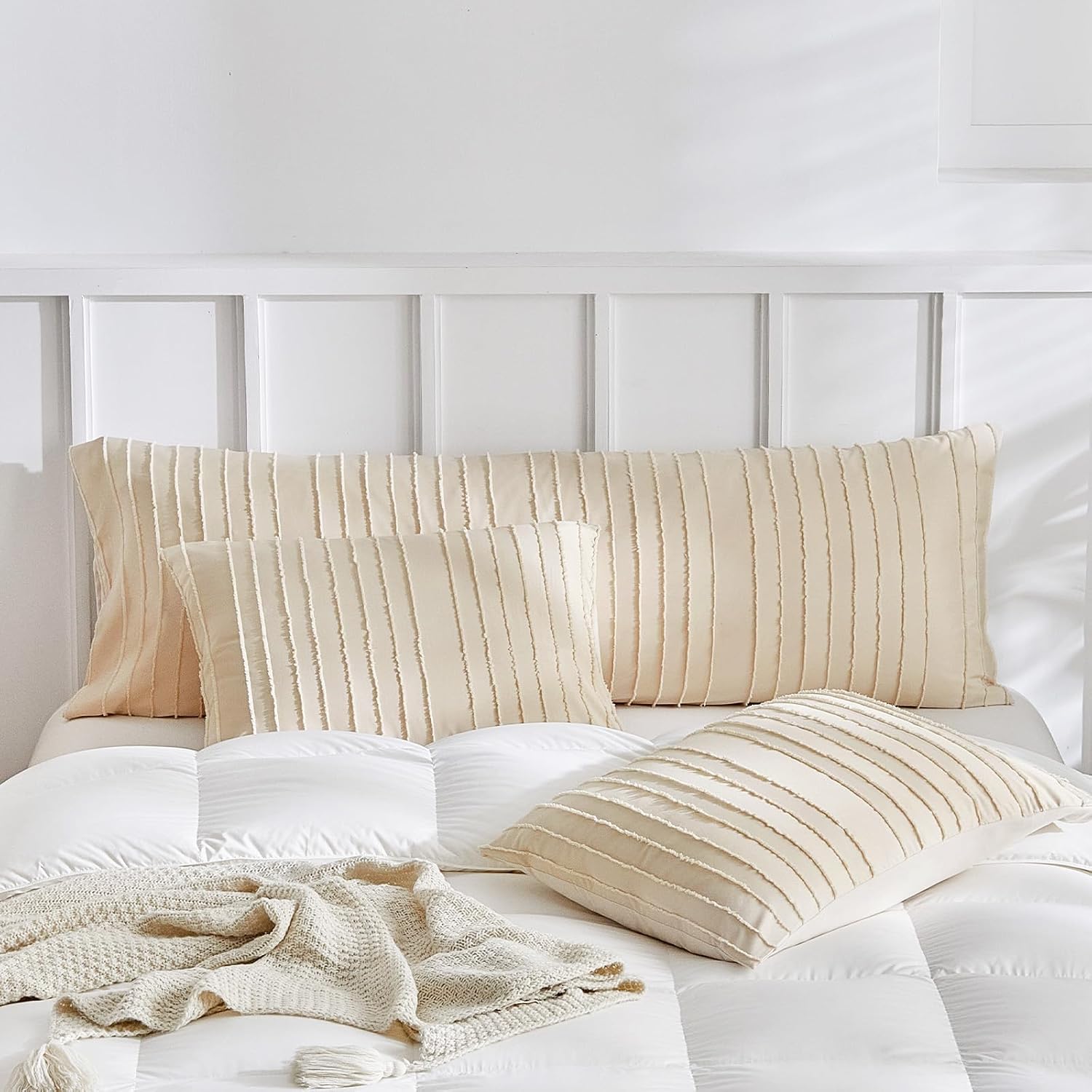 Warmdern Khaki Striped Pillow Covers Body Pillow Cover Soft Microfiber Stripe Pillow Cases Boho Tufted Stripes Textured Pillowcase with Env…
