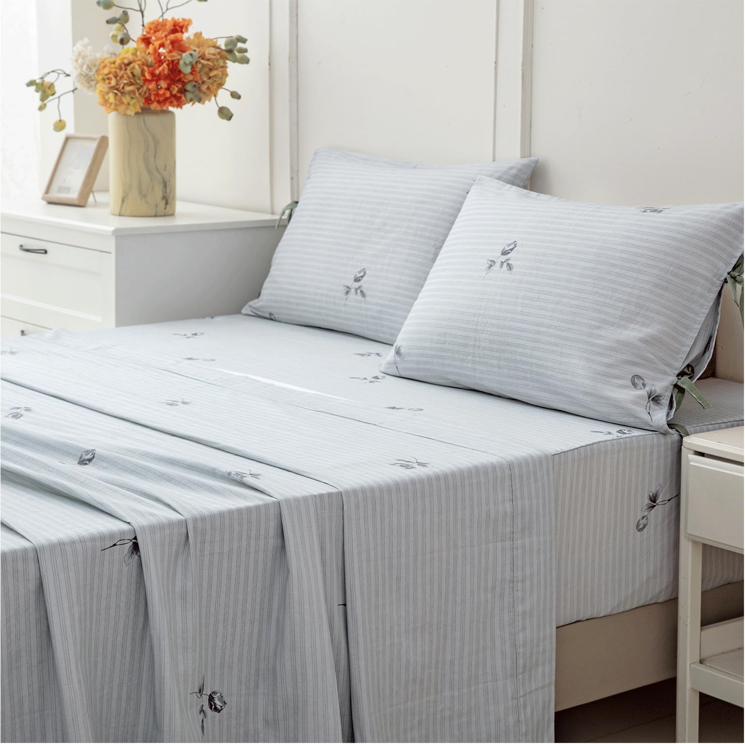 FADFAY 100% Cotton Double Gauze Muslin Sheet Set, Gray Striped Floral Bed Sheets with Bow Tie Detail, Ultra Soft Breathable Cooling…