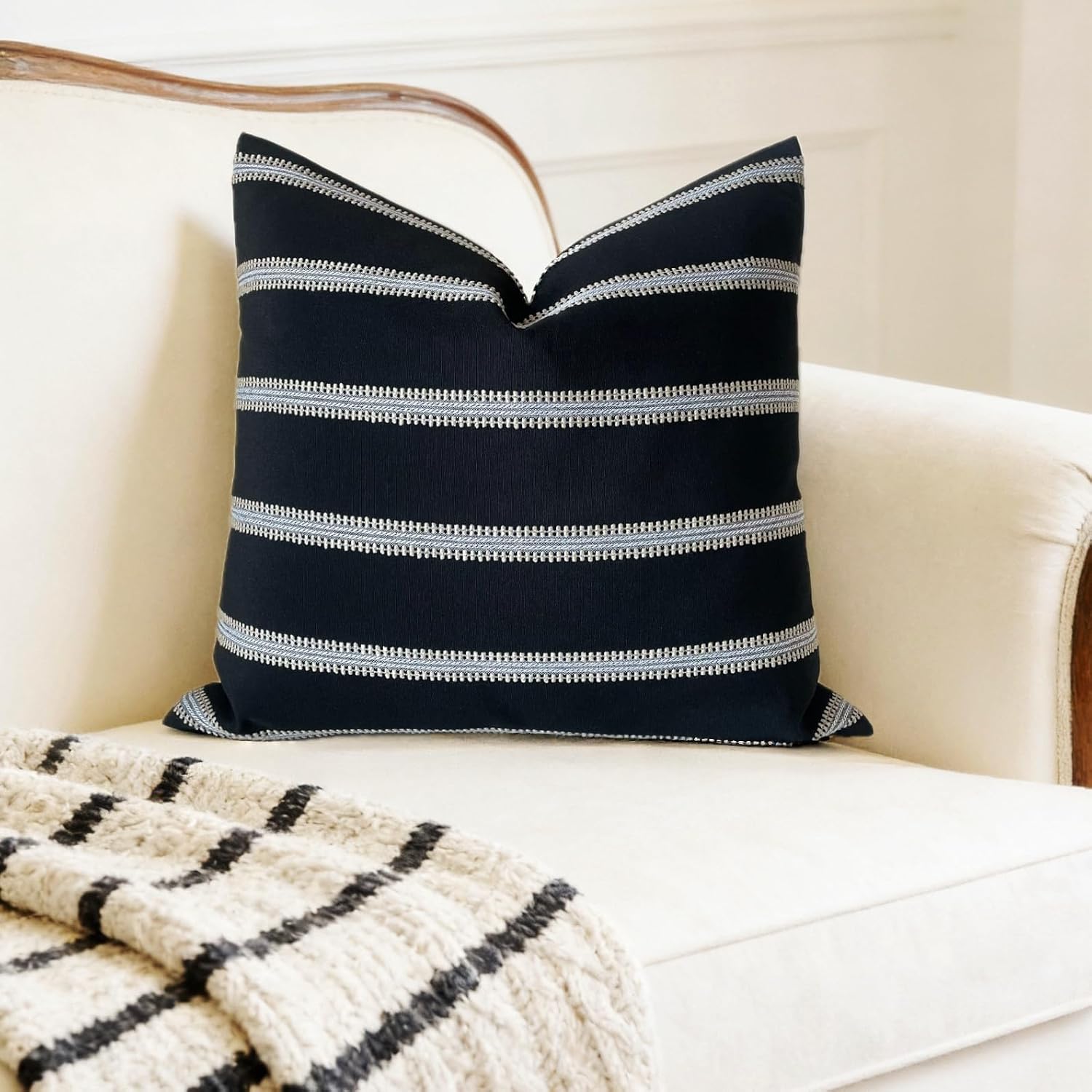 Slow Cow Decorative Textured Woven Stripe Throw Pillow Cover Modern Country Design Cushion Cover Pillow Cover 20 x 20 Inches Black Mixed…