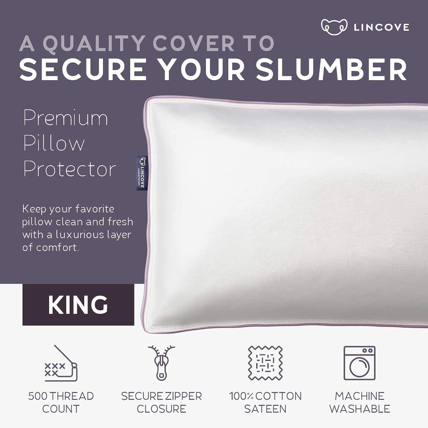 Lincove 100% Cotton Sateen Pillow Protector Cover - Zipper Pillow Cover - 500 Thread Count Luxury Cotton - Zippered Dust Pillow Protector…
