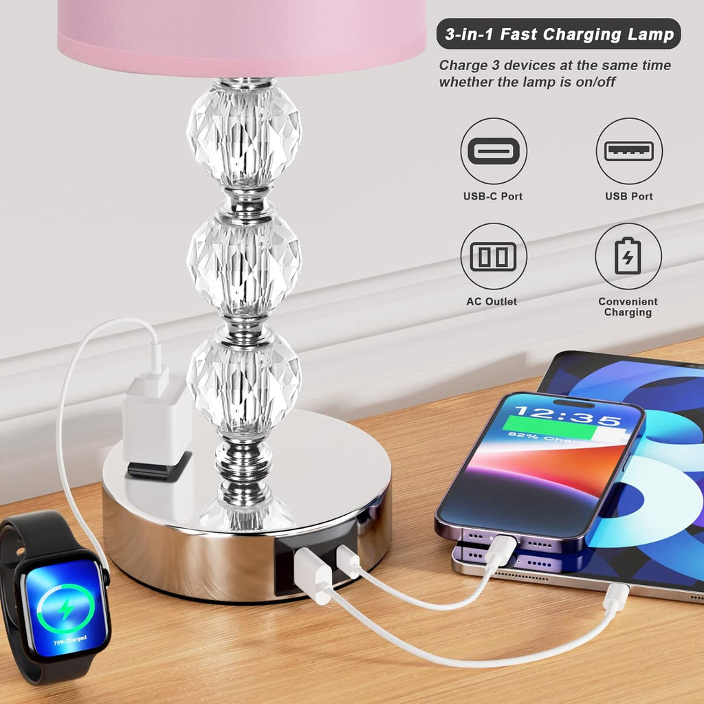 Pink Touch Bedside Lamps for Bedrooms - Crystal Table Lamp with USB C+A Charging Port and AC Outlet Nightstand, 3 Way Dimmable Silver…