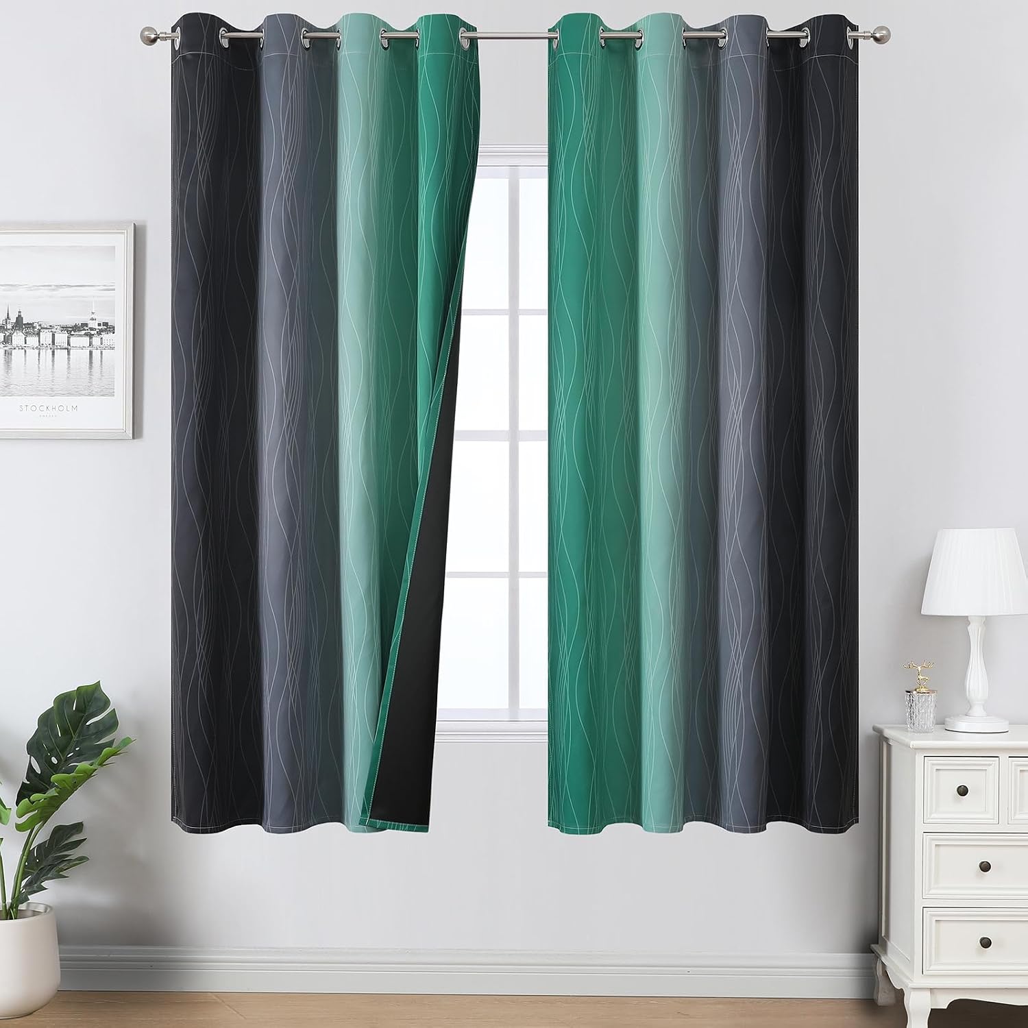 Estelartextiler Estelar Textiler Black and Green Blackout Ombre Curtains for Bedroom 63 Inches Long, Gradient Light Blocking Thermal Insula…